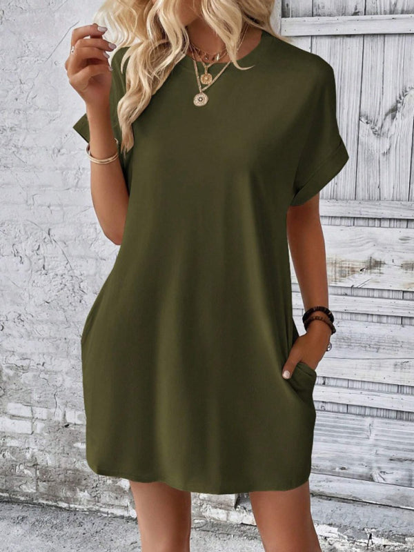 Aspen - Women's Loose Fit Pocket Dress with Round Neck and Short Sleeves
