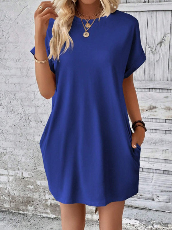 Aspen - Women's Loose Fit Pocket Dress with Round Neck and Short Sleeves