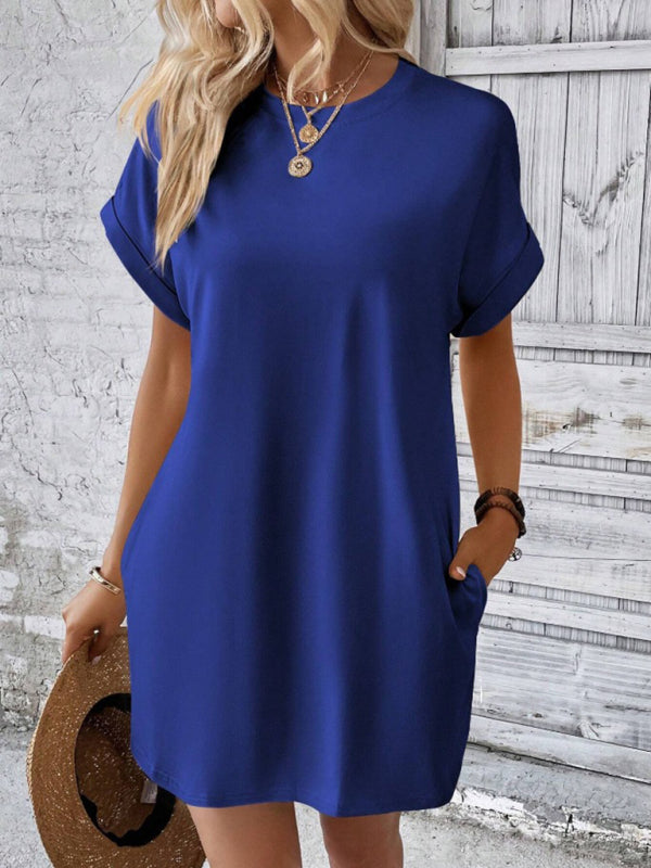 Aspen - Women's Loose Fit Pocket Dress with Round Neck and Short Sleeves