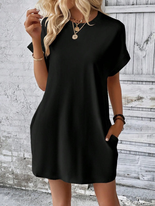 Aspen - Women's Loose Fit Pocket Dress with Round Neck and Short Sleeves