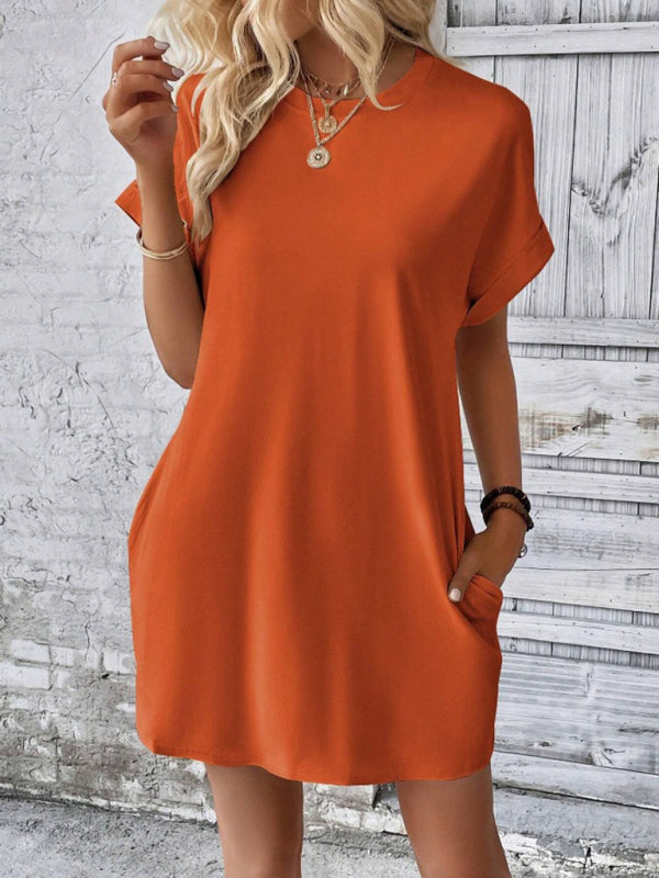 Aspen - Women's Loose Fit Pocket Dress with Round Neck and Short Sleeves