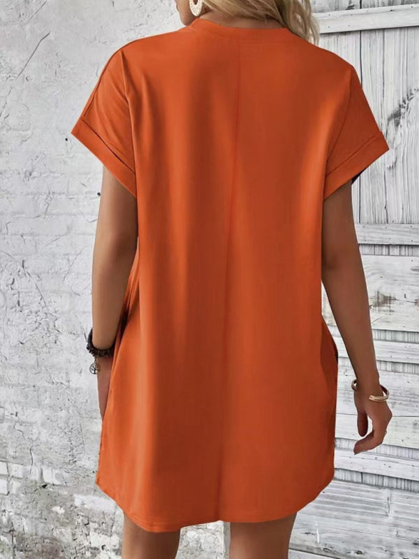Aspen - Women's Loose Fit Pocket Dress with Round Neck and Short Sleeves
