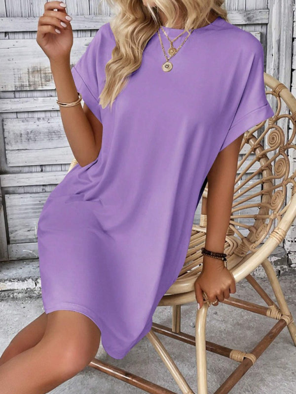 Aspen - Women's Loose Fit Pocket Dress with Round Neck and Short Sleeves