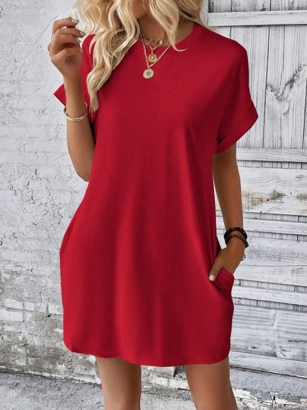 Aspen - Women's Loose Fit Pocket Dress with Round Neck and Short Sleeves