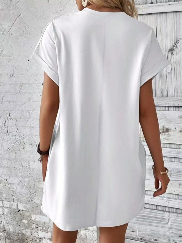 Aspen - Women's Loose Fit Pocket Dress with Round Neck and Short Sleeves