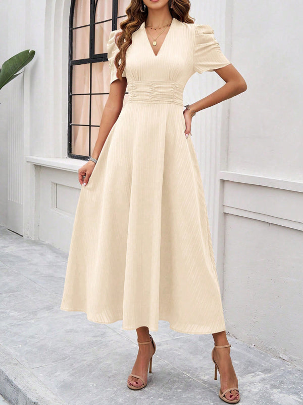 Cecily - Women's V-Neck Midi Dress with Puff Sleeves and Ruched Waist
