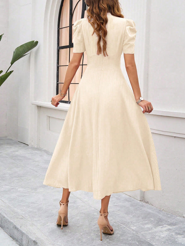 Cecily - Women's V-Neck Midi Dress with Puff Sleeves and Ruched Waist