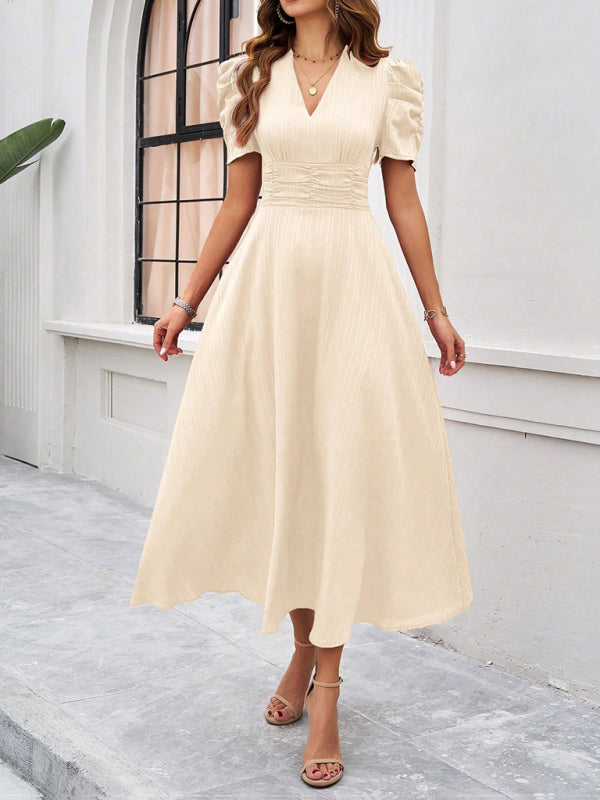Cecily - Women's V-Neck Midi Dress with Puff Sleeves and Ruched Waist