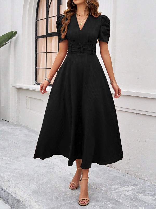 Cecily - Women's V-Neck Midi Dress with Puff Sleeves and Ruched Waist