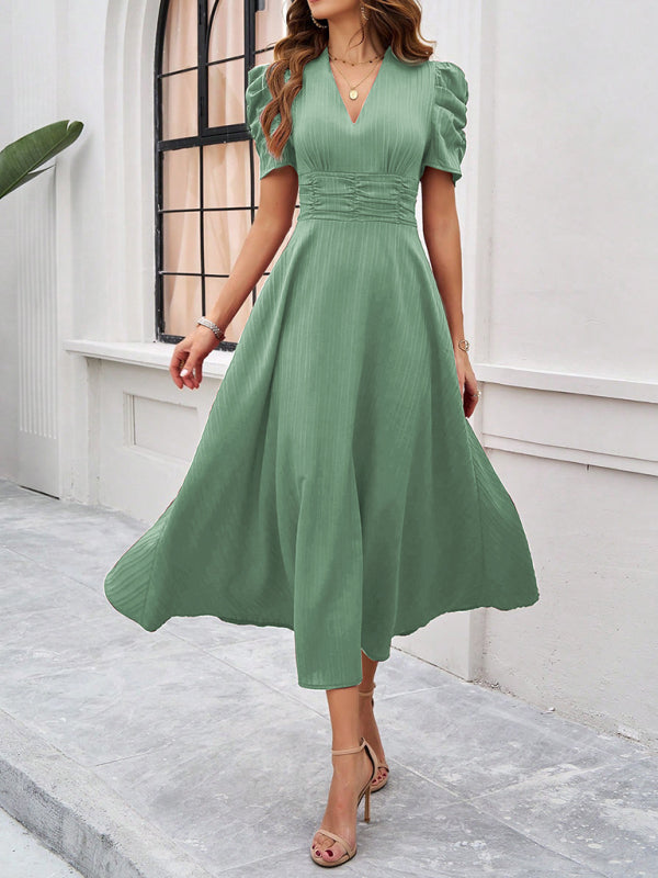 Cecily - Women's V-Neck Midi Dress with Puff Sleeves and Ruched Waist
