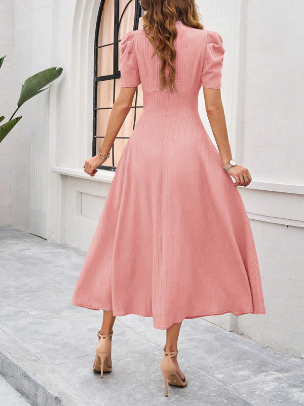 Cecily - Women's V-Neck Midi Dress with Puff Sleeves and Ruched Waist