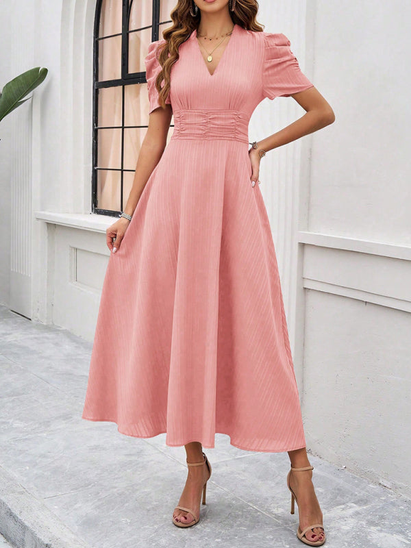Cecily - Women's V-Neck Midi Dress with Puff Sleeves and Ruched Waist - photo 14