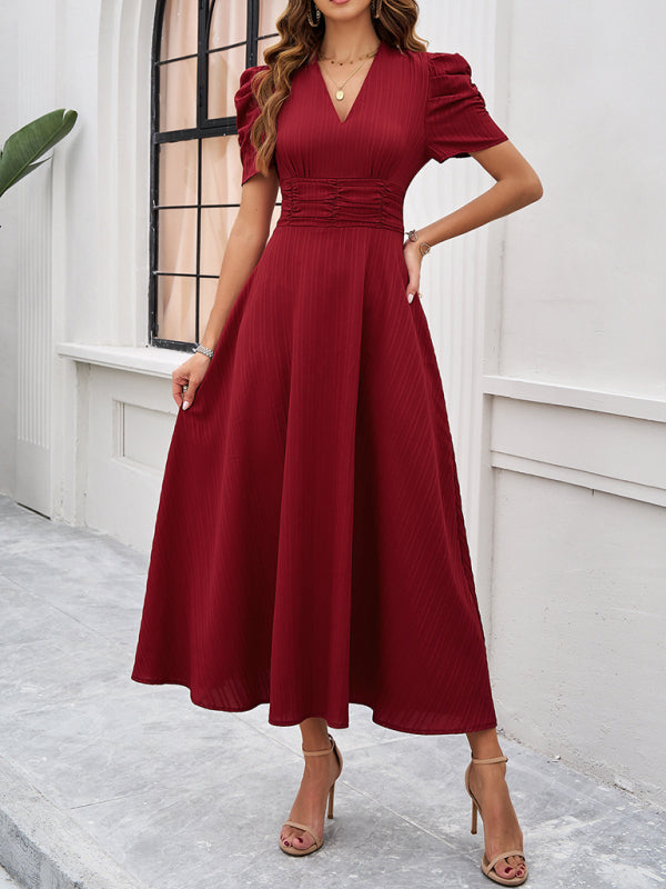 Cecily - Women's V-Neck Midi Dress with Puff Sleeves and Ruched Waist - photo 3