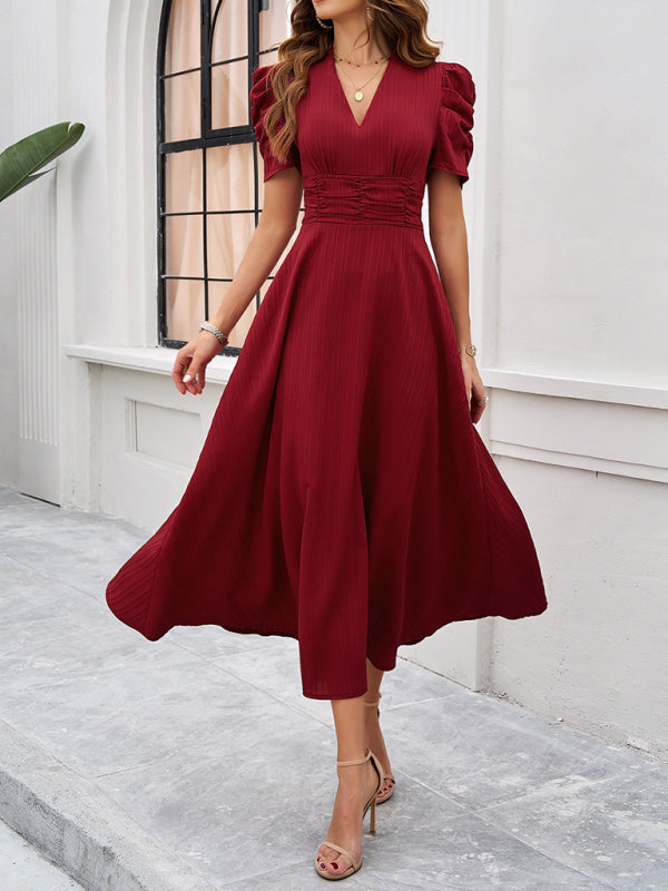 Cecily - Women's V-Neck Midi Dress with Puff Sleeves and Ruched Waist - photo 4