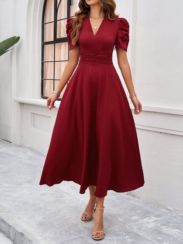 Cecily - Women's V-Neck Midi Dress with Puff Sleeves and Ruched Waist - photo 1