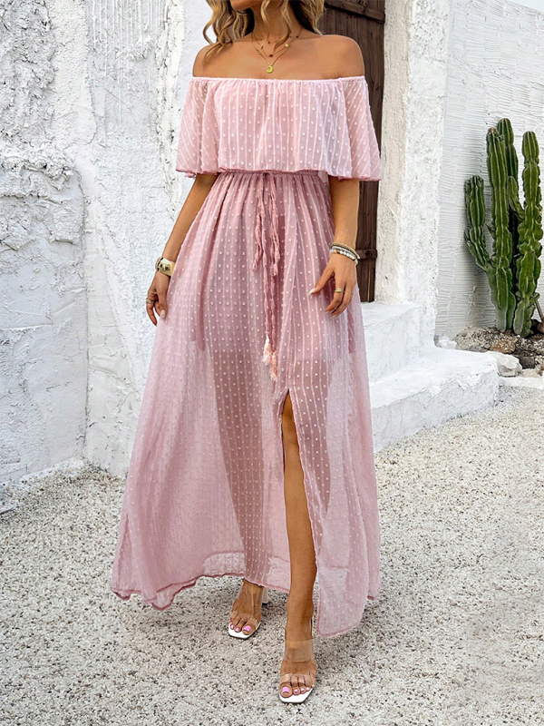 Mia - Women's Off-Shoulder Maxi Dress with Polka Dot Print and High Slit - photo 10