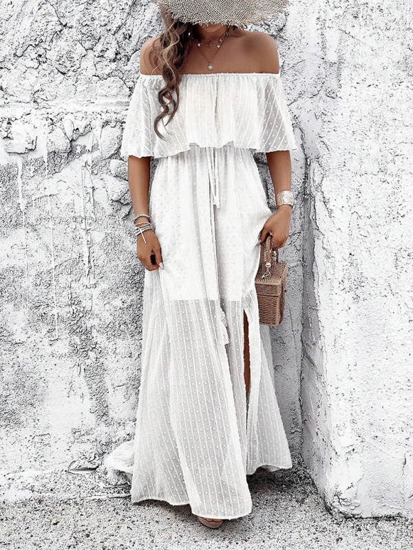 Mia - Women's Off-Shoulder Maxi Dress with Polka Dot Print and High Slit - photo 8