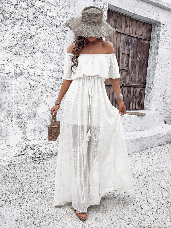 Mia - Women's Off-Shoulder Maxi Dress with Polka Dot Print and High Slit - photo 7