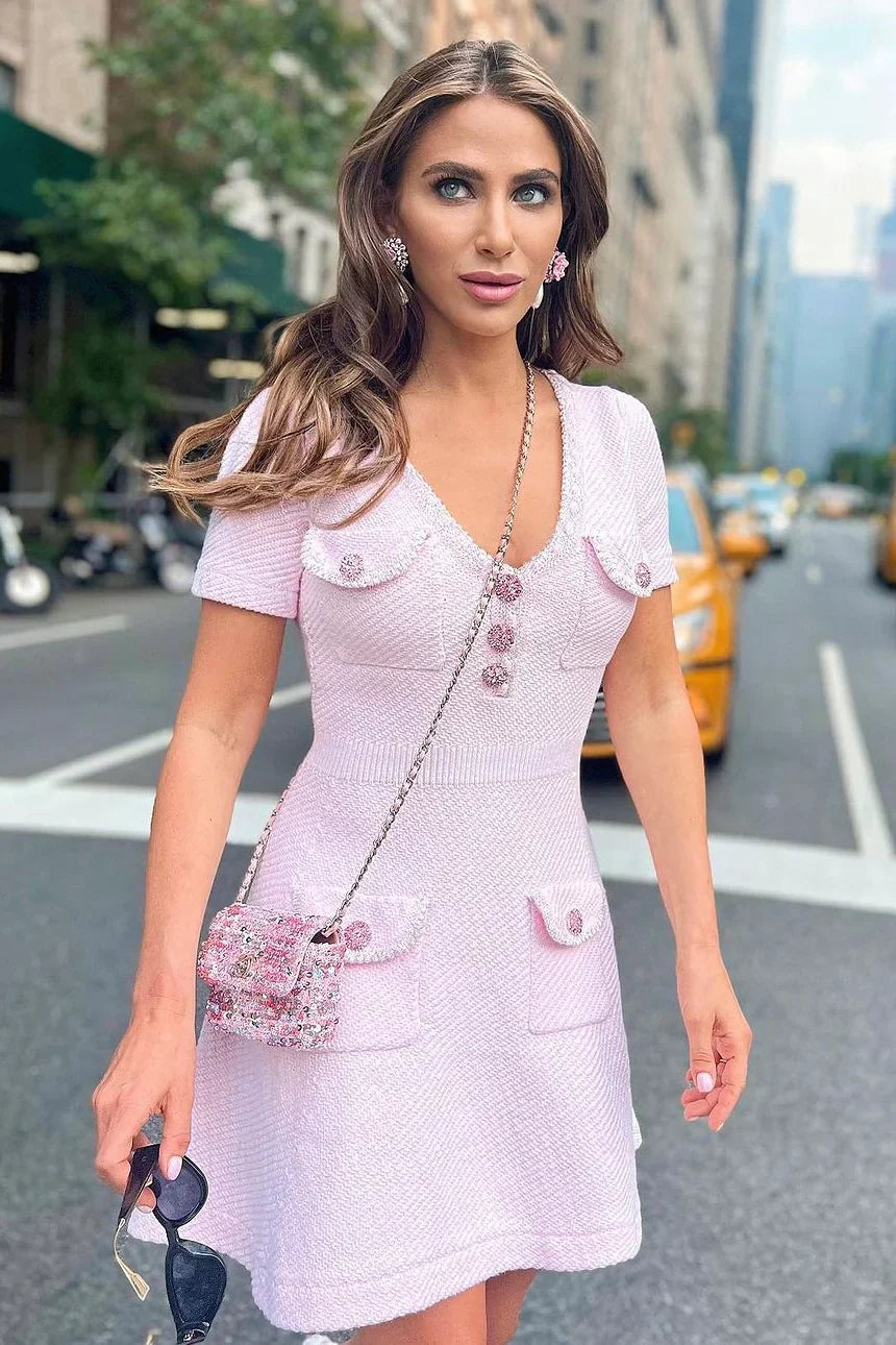 Lara - Women's Baby Pink Mini Dress with Crystal Button Detail and Pockets
