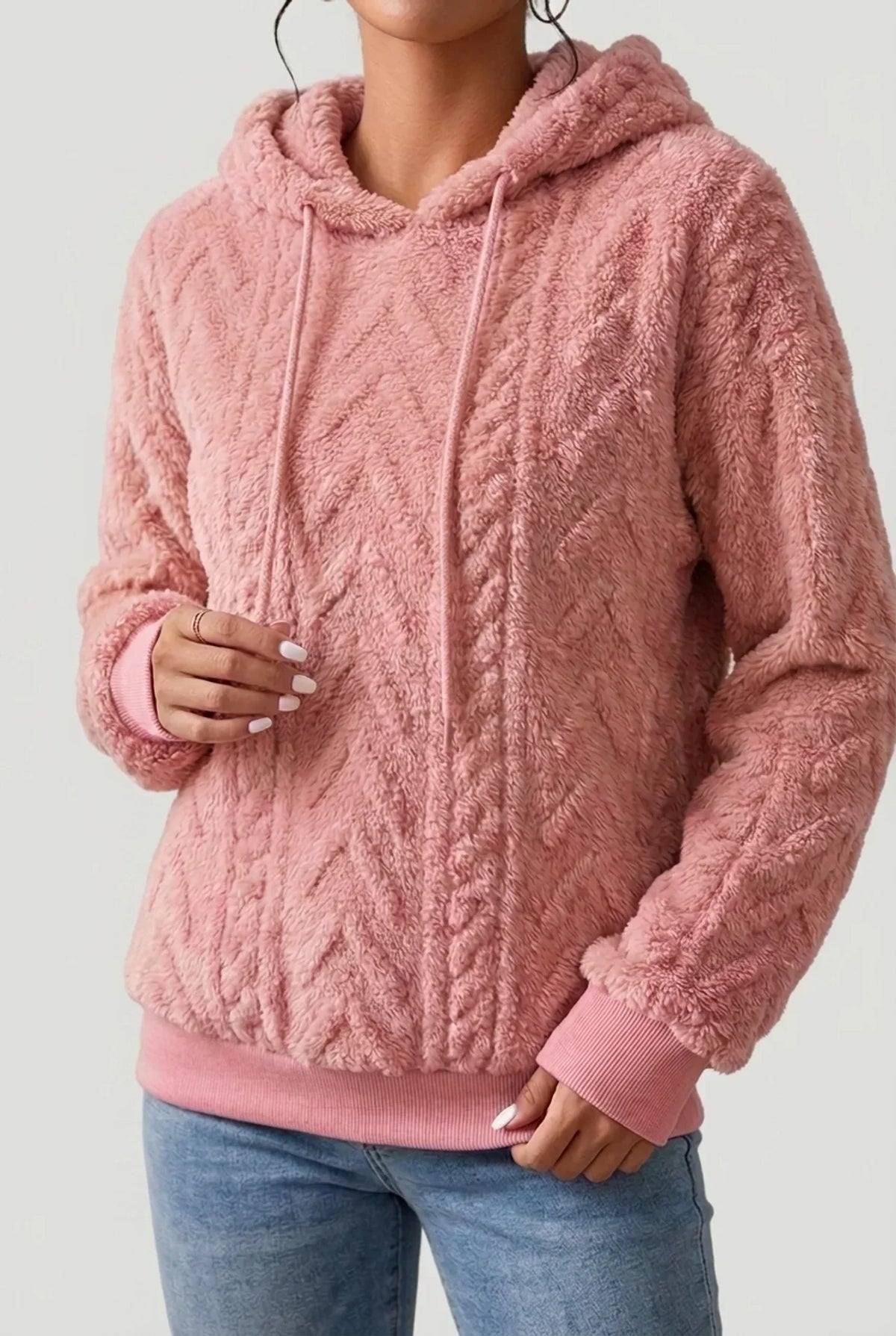 Friedel - Women's Cable Knit Hoodie with Drawstring – Pink