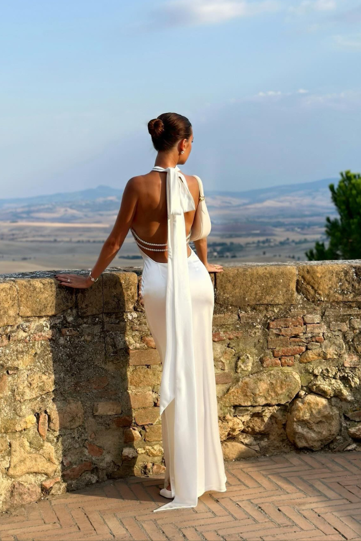 Ines - Women's Backless Pearl Halter Maxi Dress - photo 5