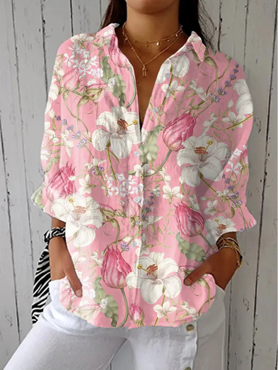 Iona - Women's Floral V Neck Blouse with Three Quarter Sleeves - photo 1