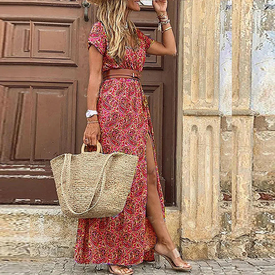 Jacinda - Women's Floral V Neck Maxi Dress with Side Slit - photo 4