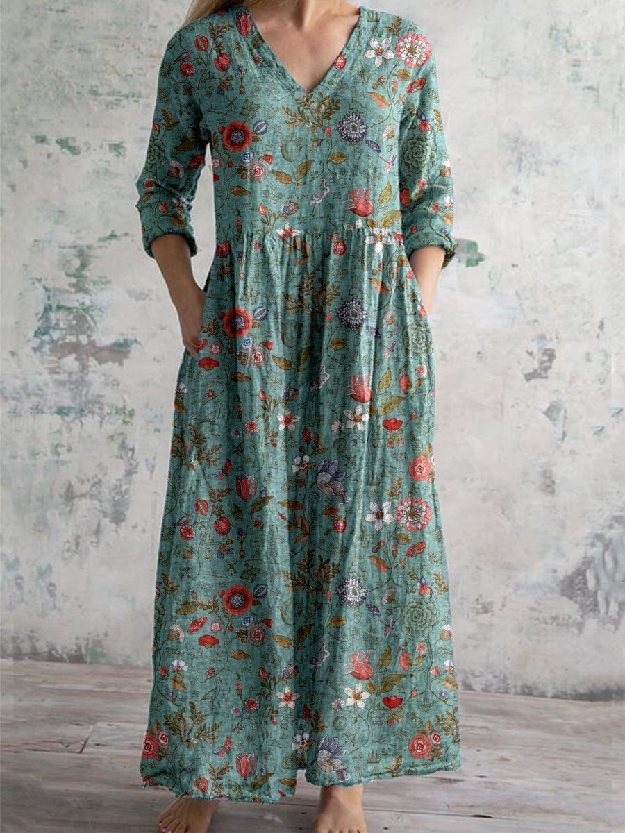 Jeanie - Women's Vintage Floral V Neck Maxi Dress - photo 1