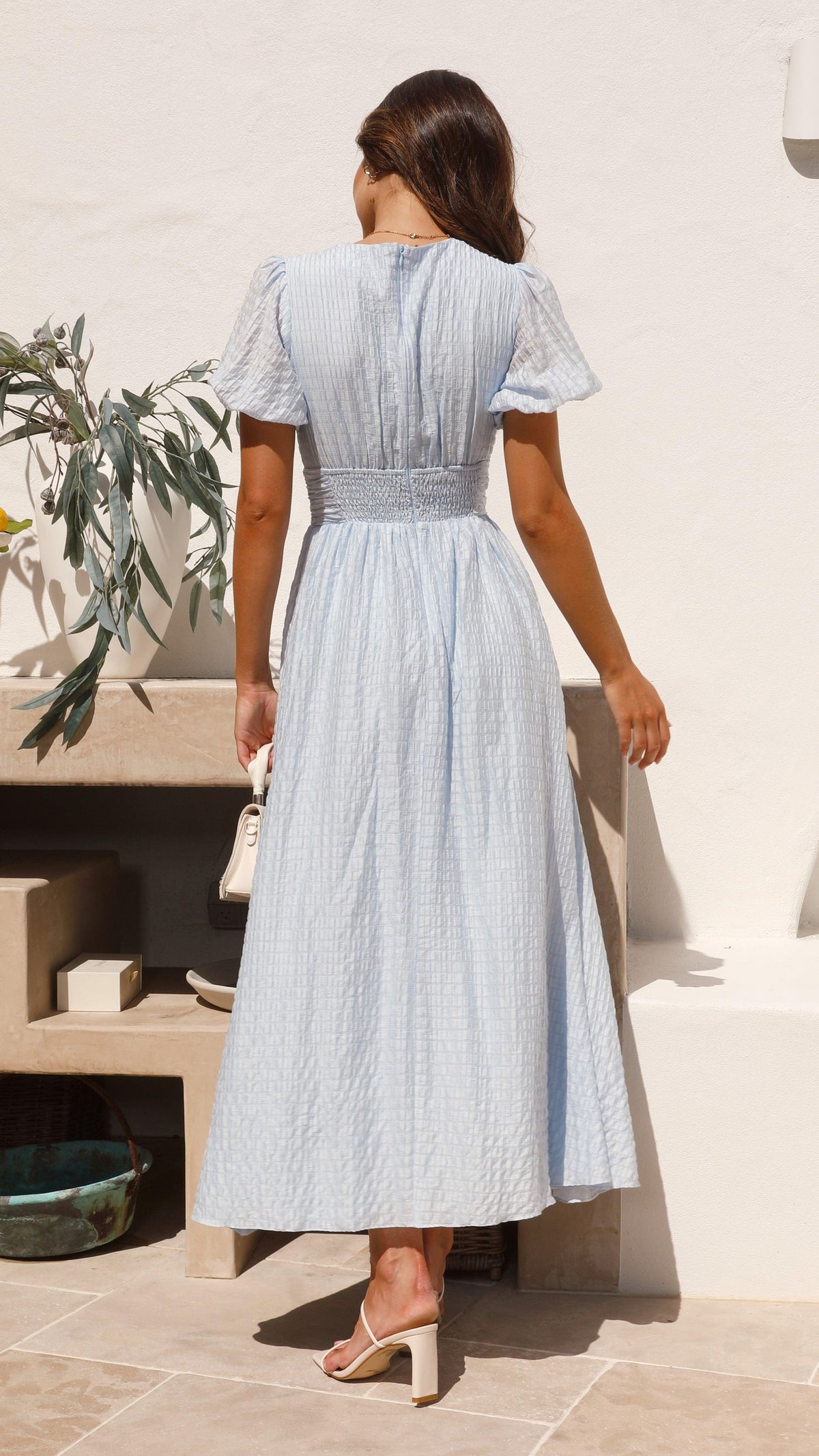 June - Women's Button-Front Midi Dress with Puff Sleeves - photo 3
