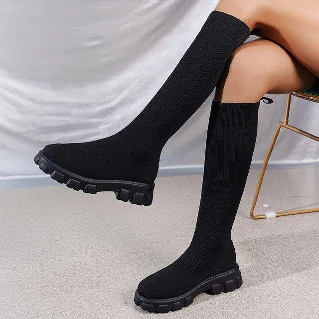 Kirstie - Women's Knee-High Boots with Treaded Sole and a Sock Fit - photo 1