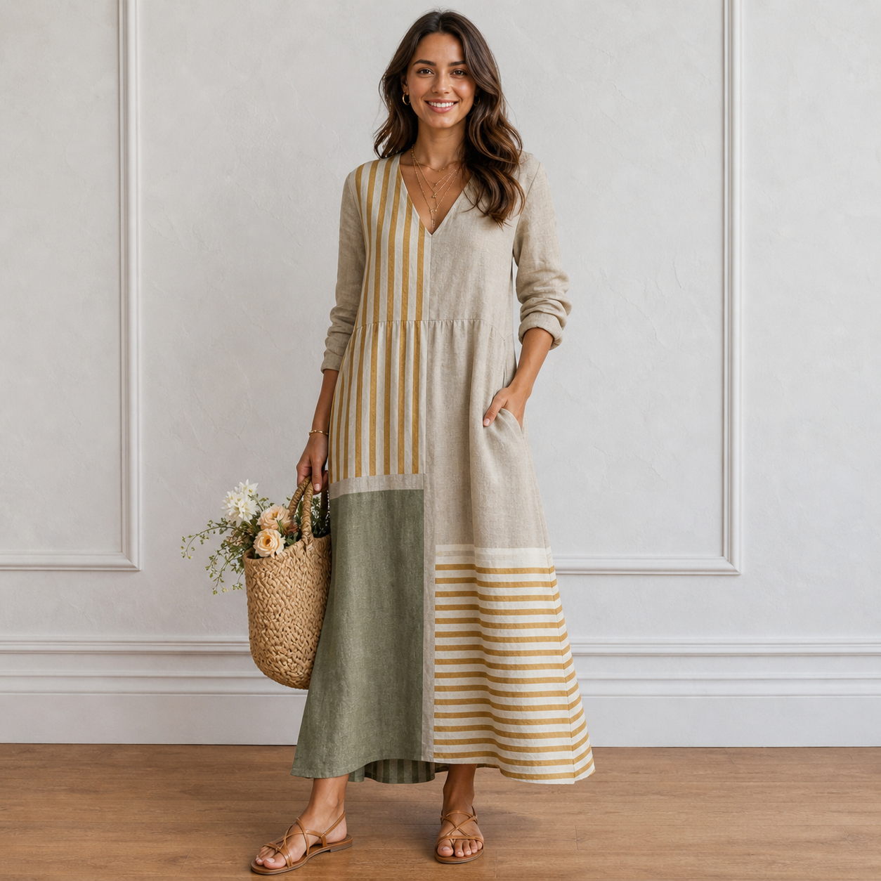 Kirstie - Women's Patchwork Striped Maxi Dress - photo 1