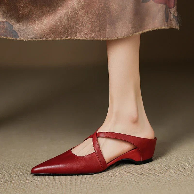Leather Mules Cross-Strap Pointed Toe Low Heel Slip-On in Red