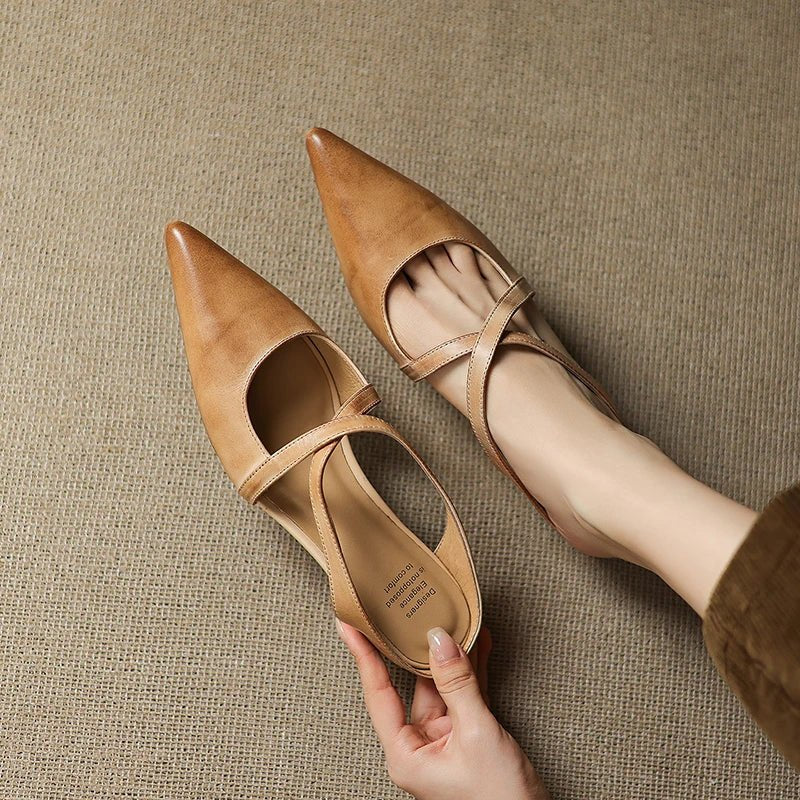 Harper - Leather Mules Cross-Strap Pointed Toe Low Heel Slip-On