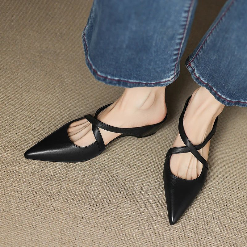 Harper - Leather Mules Cross-Strap Pointed Toe Low Heel Slip-On