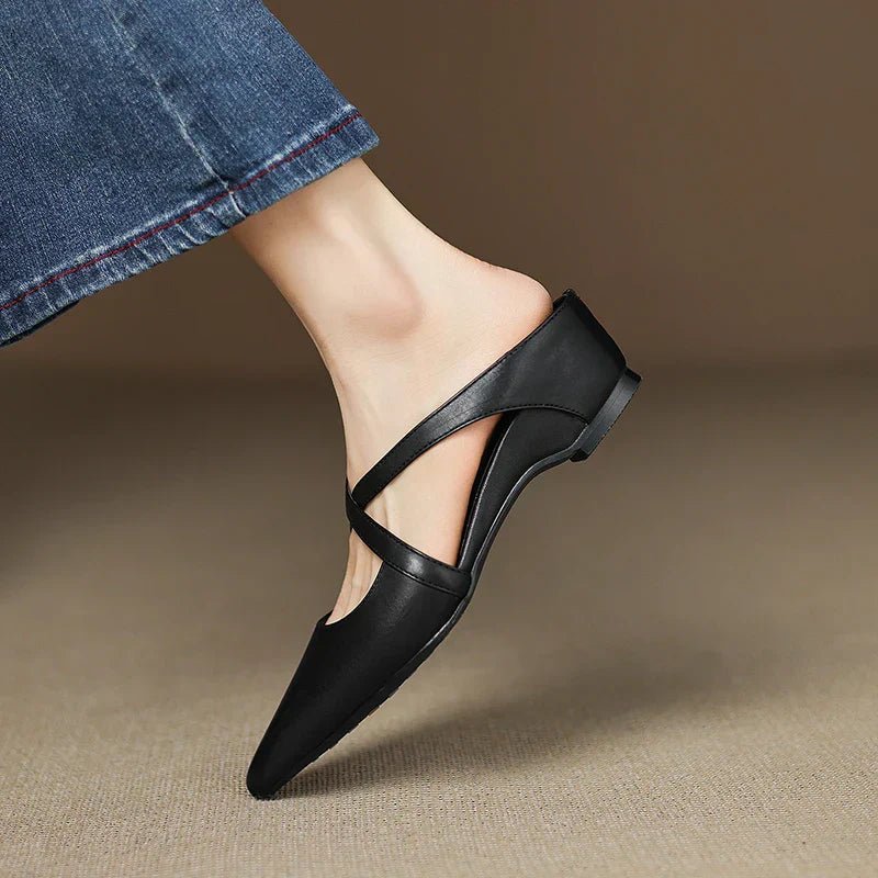Harper - Leather Mules Cross-Strap Pointed Toe Low Heel Slip-On