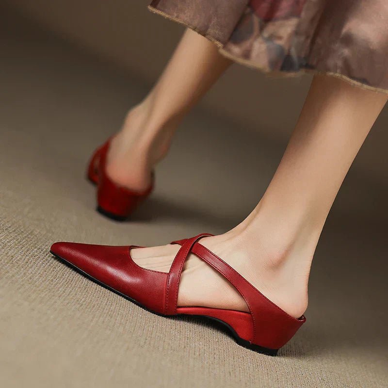 Harper - Leather Mules Cross-Strap Pointed Toe Low Heel Slip-On