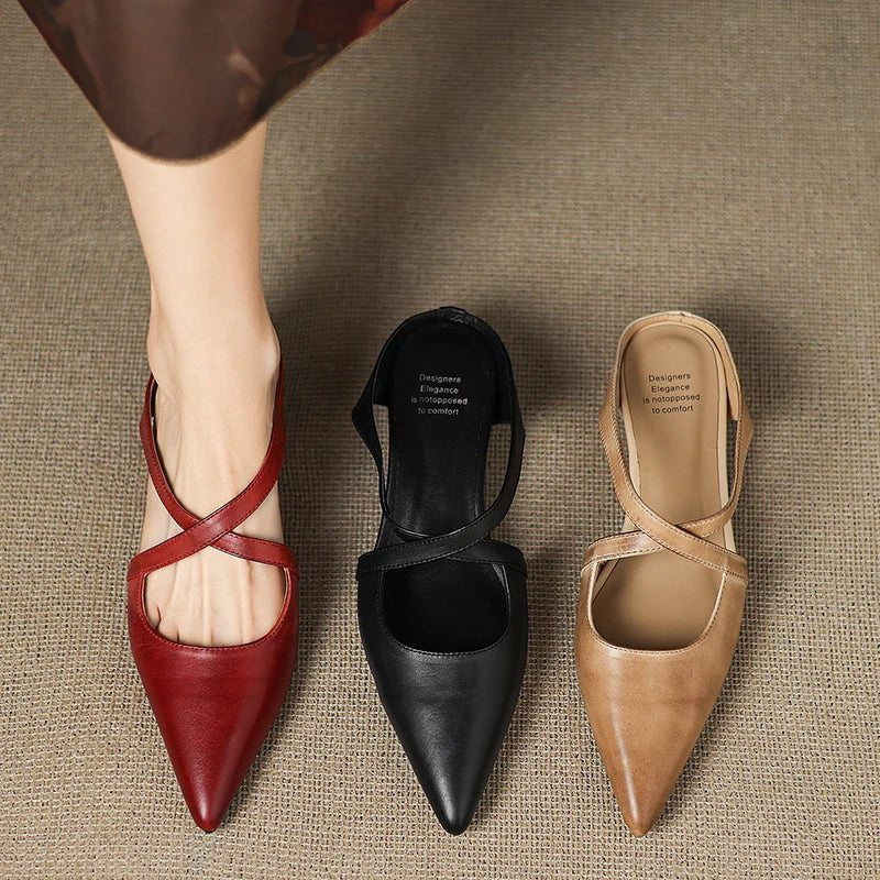 Harper - Leather Mules Cross-Strap Pointed Toe Low Heel Slip-On