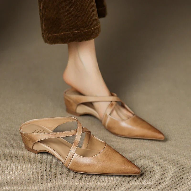Harper - Leather Mules Cross-Strap Pointed Toe Low Heel Slip-On