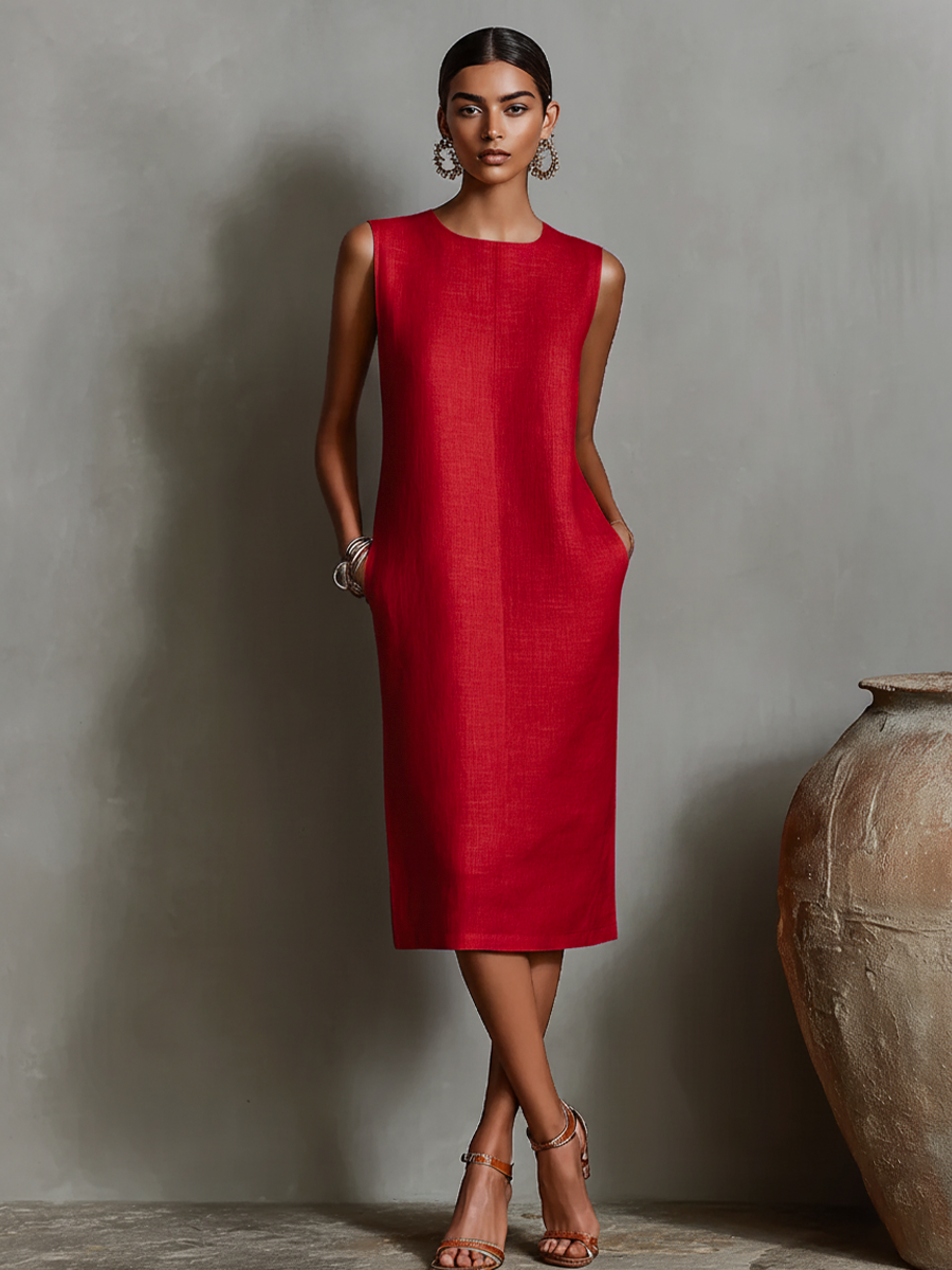 Lena - Women's Sleeveless Crew Neck Shift Midi Dress - photo 7