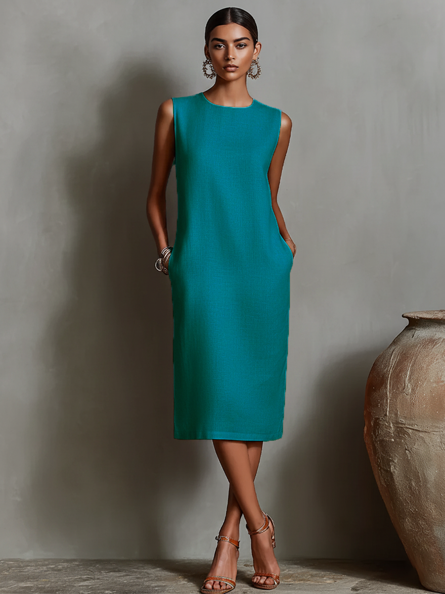 Lena - Women's Sleeveless Crew Neck Shift Midi Dress - photo 8