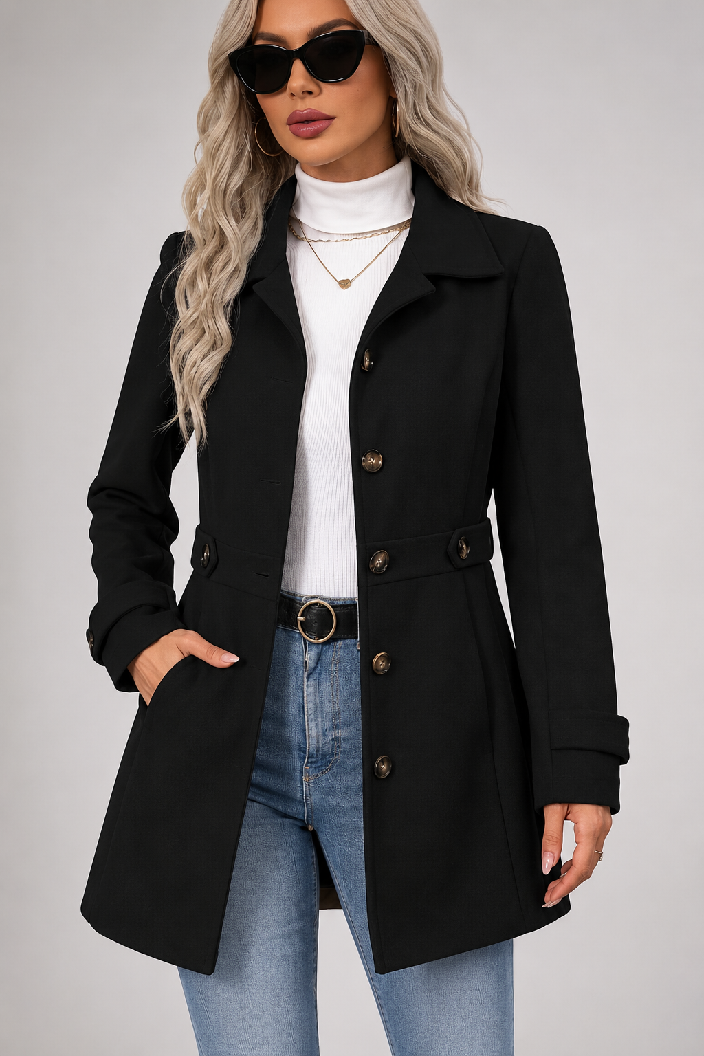 Lilly - Women's Mid-Length Belted Coat with Notch Lapels – view 11