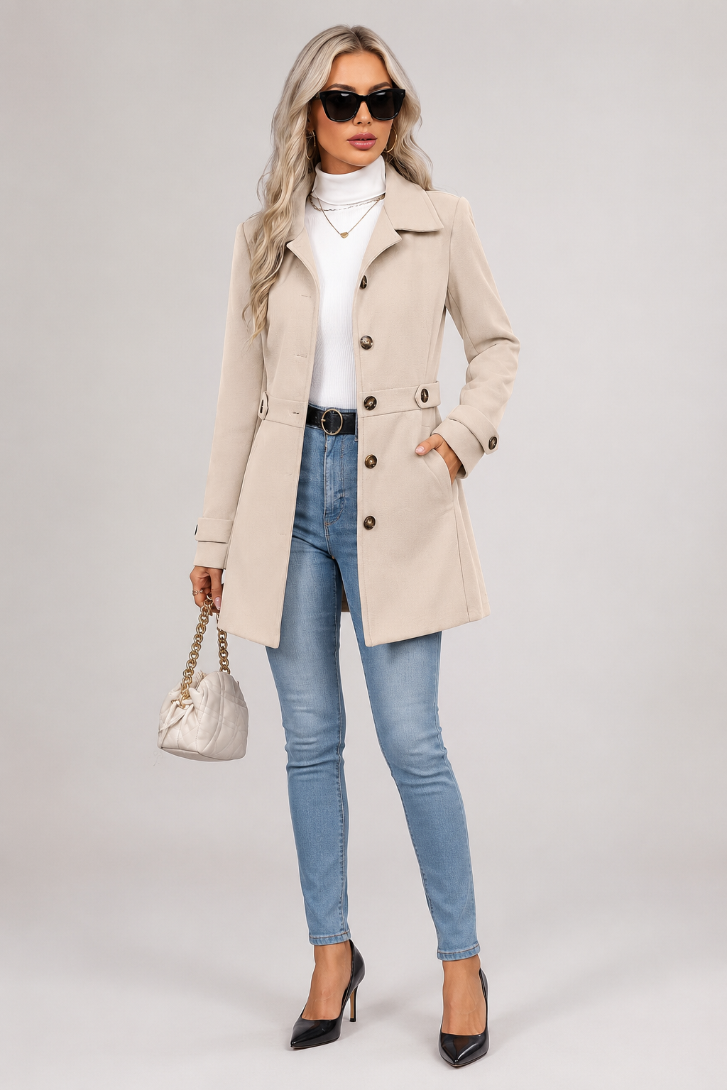 Lilly - Women's Mid-Length Belted Coat with Notch Lapels – view 2