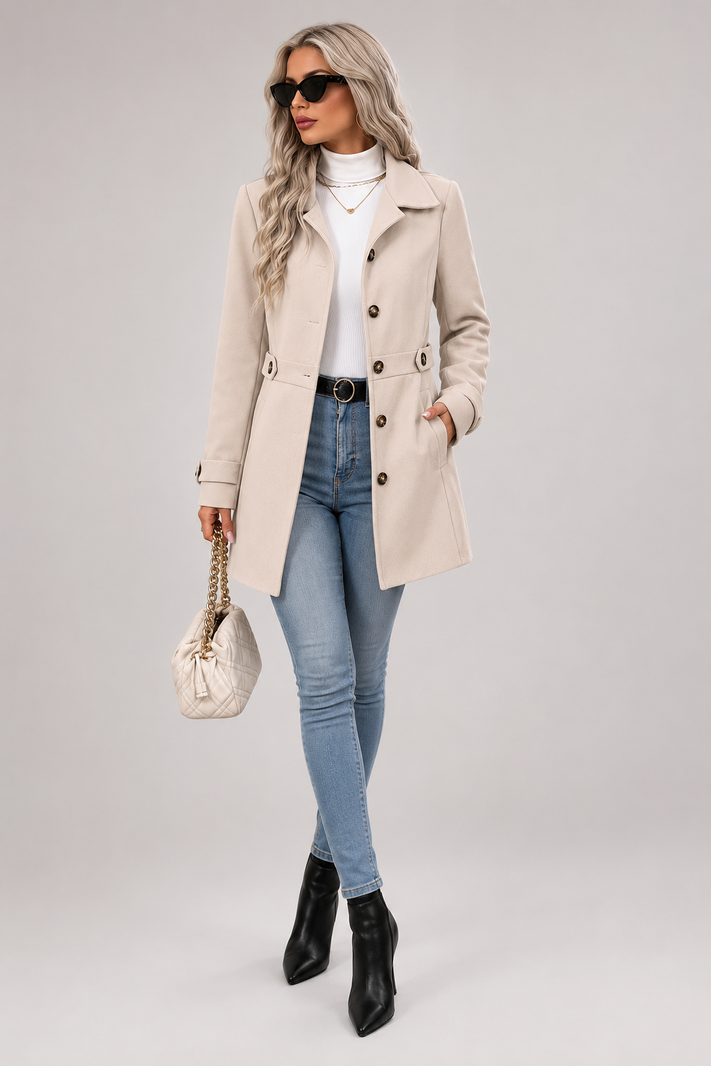 Lilly - Women's Mid-Length Belted Coat with Notch Lapels – view 5