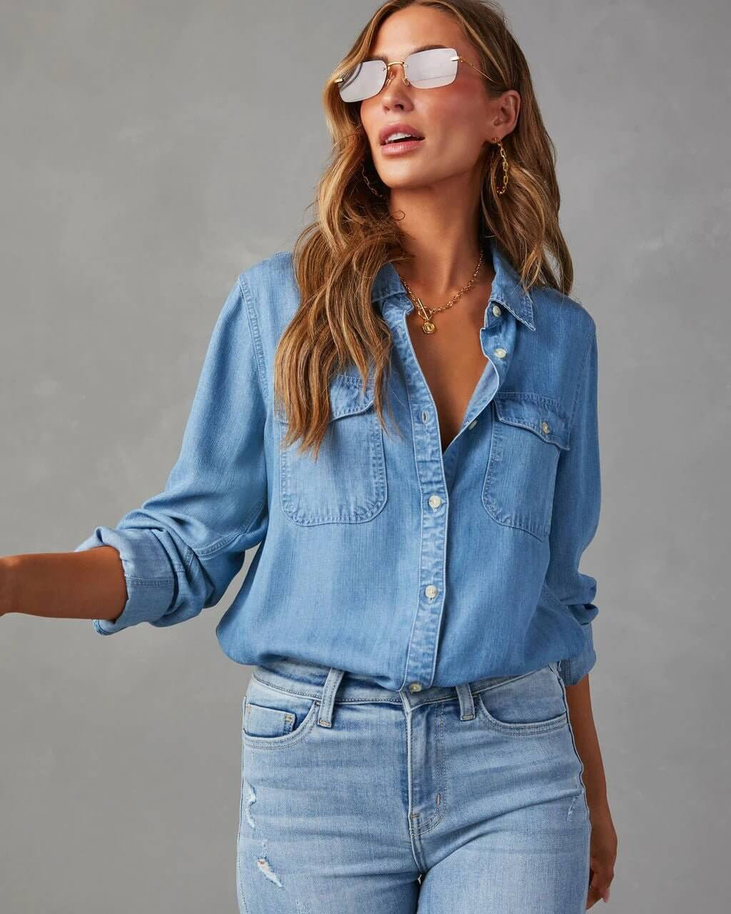 Liv - Women's Shirt in Denim with Long Sleeves - photo 7