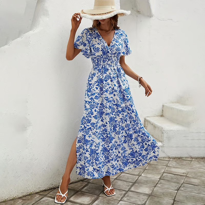 Lorene - Women's Floral Maxi Dress with Ruched Waist and Slit - photo 1