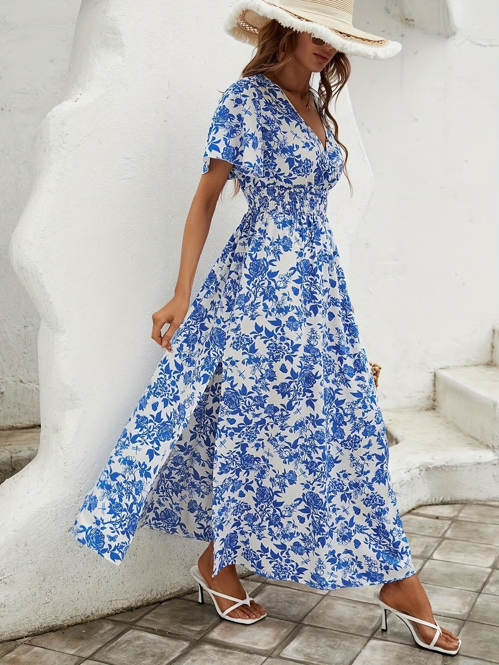 Lorene - Women's Floral Maxi Dress with Ruched Waist and Slit - photo 5
