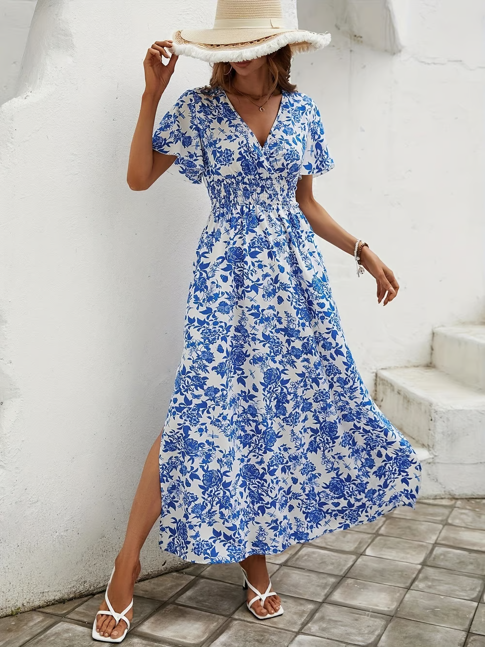 Lorene - Women's Floral Maxi Dress with Ruched Waist and Slit - photo 6