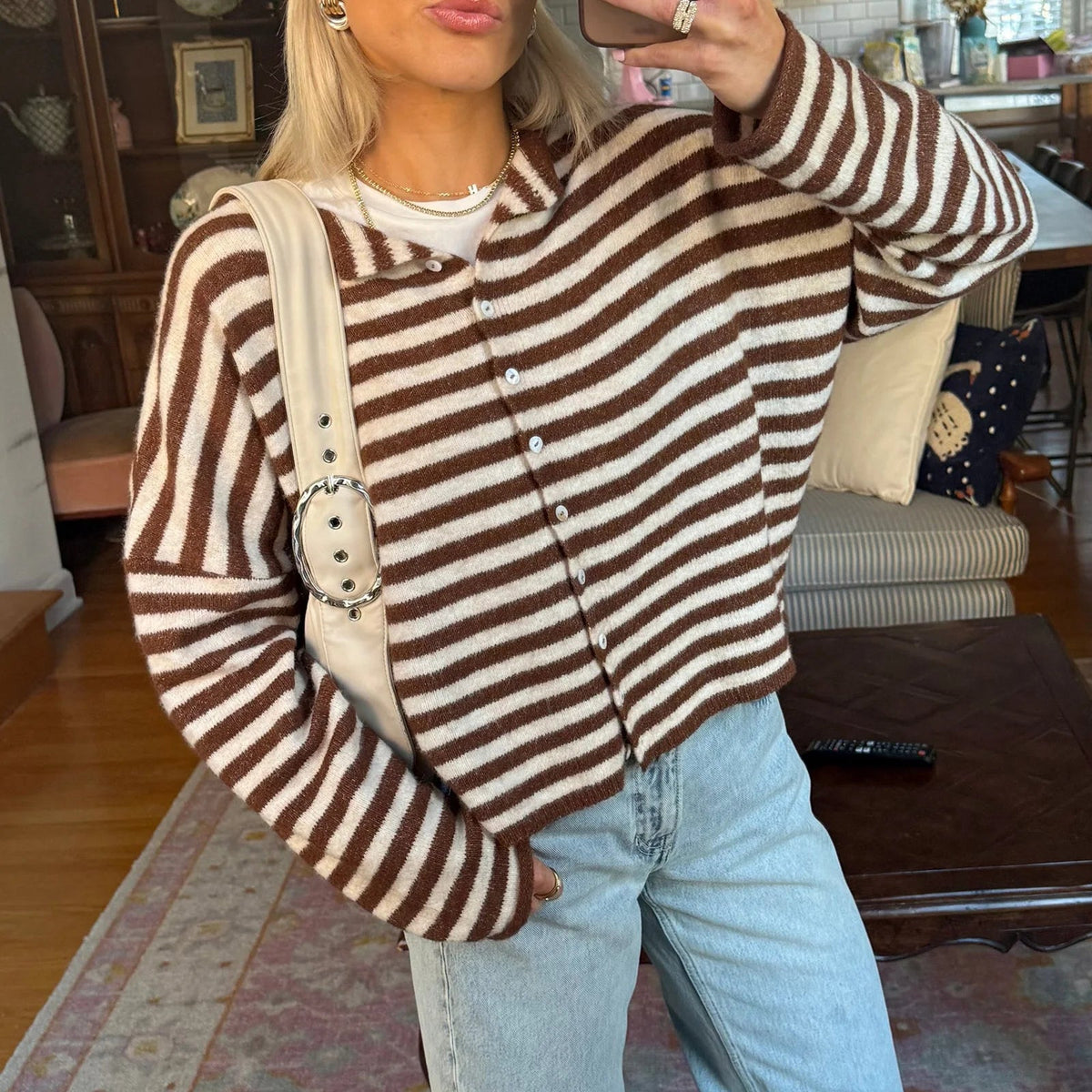 Luna - Women's Cardigan in Stripe with Button Front - photo 5