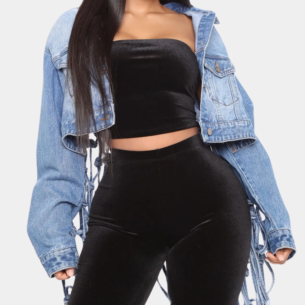 Luna - Women's Cropped Denim Jacket with Fringe Detail - photo 1