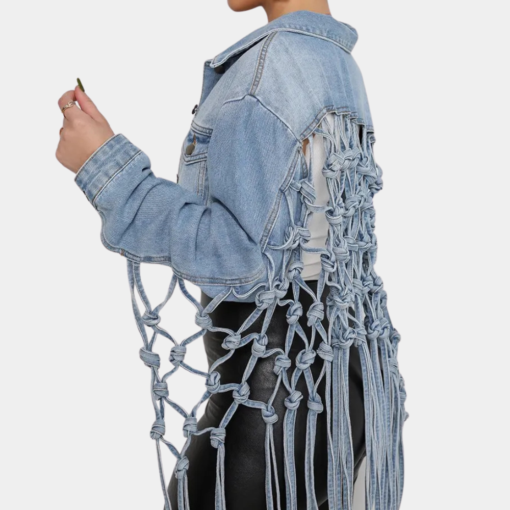 Luna - Women's Cropped Denim Jacket with Fringe Detail - photo 5